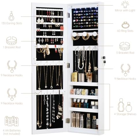 Full Length Mirror Jewelry Cabinet Organizer Lockable Door Wall-Mounted Jewelry Armoire with Shelves and Behind-the-Door Storage - White - Image 3