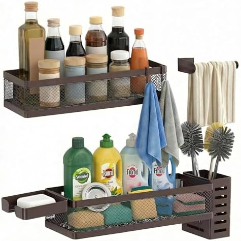 PUSDON 5-in-1 Wide Wall Mount Wrapped Mesh Kitchen Organizer & Shower Caddy Kit, with Paper Towel Holder, Utensil Holder, Soap Dish, Heavy Duty 50LBS - Vintage Bronze, Netting by PUSDON