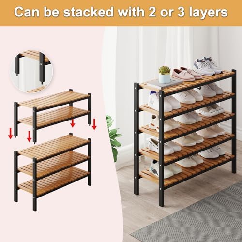 Bamboo Shoe Rack Organizer for Closet and Entryway - Space-Saving Narrow Shoe Stand - Versatile Shoe Holder for Door or Closet Shelf, Garage Bedroom can Freely Stack DIY Small Shoe Racks 2 Tier - Image 6
