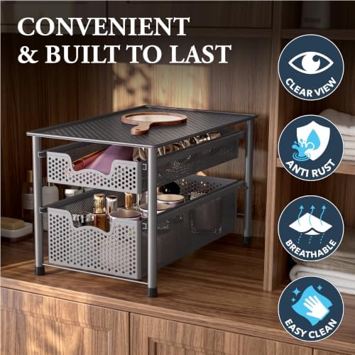 Simple Houseware Stackable 2 Tier Sliding Basket Organizer Drawer, Silver - Image 5