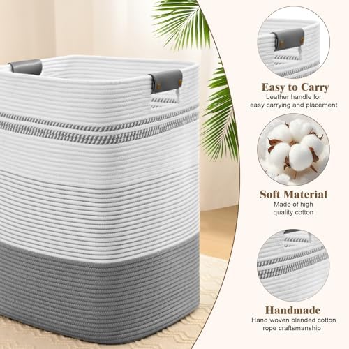 Laundry Hamper, 85L Tall Laundry Basket with Leather Handles, Rectangle Large Clothes Hamper for Organizing, Cotton Woven Laundry Baskets Storage Hampers for Bedroom, Nursery, Living Room - Image 6