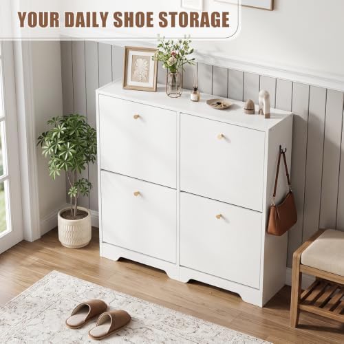 Nicetree Shoe Cabinet, 4 Flip Drawers Slim White Entryway Storage - Image 4