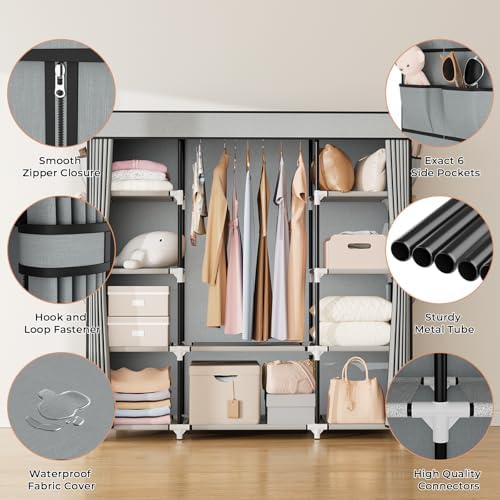 VTRIN Portable Closet Wardrobe for Hanging Clothes 57.3 Inch Large Capacity Clothes Rack with Cover, 10 Storage Organizer Shelves, 1 Hanging Rods and 6 Pockets, Free Standing Closet for Bedroom, Grey - Image 4