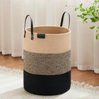 VIPOSCO 53L Tall Woven Rope Laundry Hamper, Leather Handles, Brown & Black by VIPOSCO
