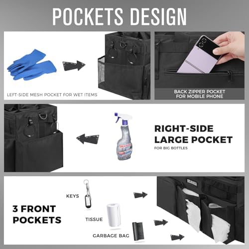 SCAVATA Wearable Cleaning Caddy Bag, Supplies Organizer with Handle & Shoulder Straps for Housekeepers, Under Sink & Car Cleaning Tool Organizer with 4 Foldable Dividers (Black) - Image 4