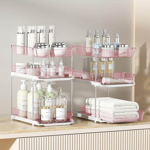 Delamu 2 Pack 3-Tier Bathroom Under Sink Organizers and Storage, Multi-Purpose Stackable Pantry Organization and Storage, Pull Out Clear Kitchen Bathroom Cabinet Organizer with Movable Dividers, Pink - Image 5