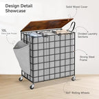 Laundry Basket with Wheels, Heavy Duty Laundry Sorter 3 Sections, 140L (37Gal.) Large Capacity Laundry Hamper with Wood Lid, 360 Rolling Wheels, Extra Side Pocket, Leather Pull Handle,Grey - Image 5