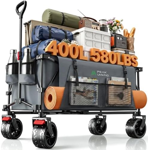 400L Folding Wagon Cart with Brakes & Removable Table, 500lbs Heavy Duty Collapsible Wagon, Big All-Terrain Wheels for Camping, Sports, Grocery, Outdoor - Gray by Unknown