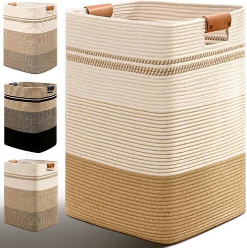 Laundry Hamper, 95L Tall Laundry Basket with Leather Handles, Rectangle Large Clothes Hamper for Organizing, Cotton Woven Laundry Baskets Storage Hampers for Bedroom, Nursery, Living Room by Degeyoyo