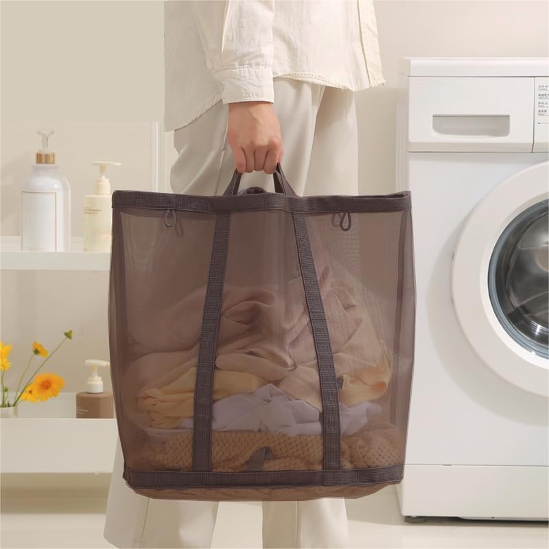 Mesh Bag with Handles, Collapsible Laundry Basket, Foldable Laundry Bag, Breathable Folding Beach Bag,Space-saving Travel Tote Bags (2, Brown) - Image 4