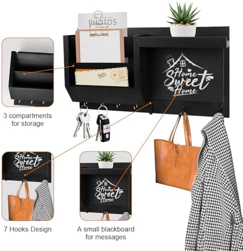 Key Holder for Wall Decorative, Wooden Mail Holder Wall Mount Organizer, Key and Mail Rack Key Hooks with Chalkboard and 2pcs White Pens for Home Entryway Hallway Doorway(Black) - Image 4