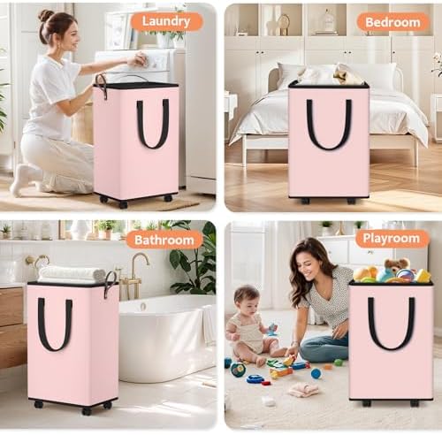 SpaceTrove Rolling Laundry Basket with Wheels, Laundry Hamper, 80L, Pink - Image 6