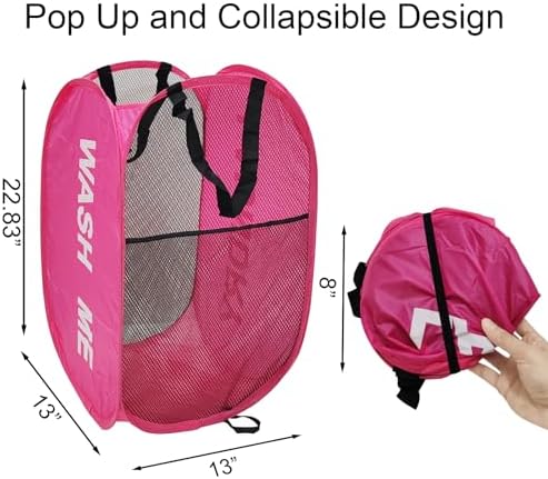 Pop Up Laundry Hamper Collapsible Laundry Basket Mesh Foldable Pink Dirty Clothes Hamper with Handles for Home, Bathroom, Bedroom, Travel, Cruise - Image 2