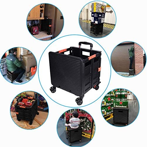 Foldable Utility Cart Folding Portable Rolling Crate Handcart Shopping Trolley Wheel Box with Lid Wear-Resistant Noiseless 360°Rotate Wheel for Travel Shopping Moving Storage Office Use (Black) - Image 6