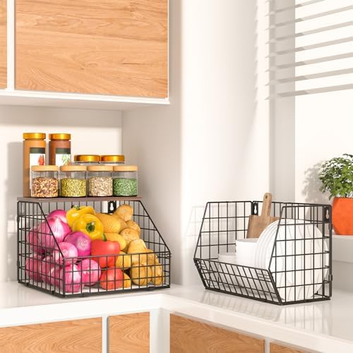 Fruit and Vegetable storage, 2 Set Wall Mounted Wire Baskets, Fruit Basket for Kitchen Counter, Hanging Fruit Basket, Potato Onion Basket, Wire Basket for Organizing, Countertop Organization Pantry - Image 4