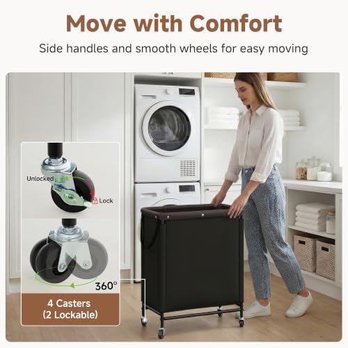 StorageWorks 2 Section Laundry Hamper, 100L Black Sorter Cart with Wheels - Image 3