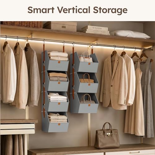 Homsorout Hanging Closet Organizer 4 Tier - Clothes Hanging Shelves, Space-Saving Closet System, Fabric Storage Bins Bedroom Organization, Collapsible Baskets for Home, Dorm, Rv, Grey, 8 Pack - Image 6