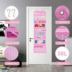 Over The Door Hanging Organizer with 5 Large Pockets - Wall Mount Pantry Storage with 2 Big Metal Hooks for Baby Girl’s Diapers Closet, Bathroom, Nursery, Bedroom, Dorm, Baby, Kids Toys (Pink) - Image 6