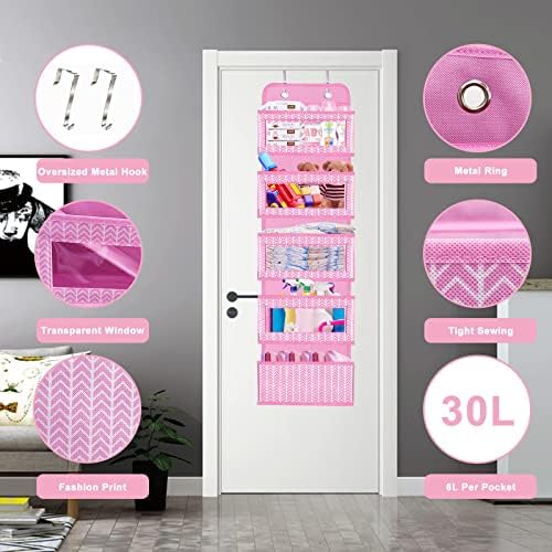 Over The Door Hanging Organizer with 5 Large Pockets - Wall Mount Pantry Storage with 2 Big Metal Hooks for Baby Girl’s Diapers Closet, Bathroom, Nursery, Bedroom, Dorm, Baby, Kids Toys (Pink) - Image 6