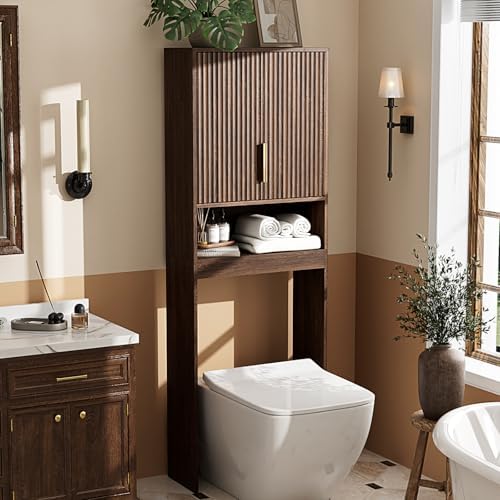 VINGLI Over The Toilet Storage Cabinet, Mid Century Modern Bathroom Organizer with Fluted Doors, Freestanding Wooden Space Saver Stand with Adjustable Shelves for Laundry, Dark Walnut by VINGLI