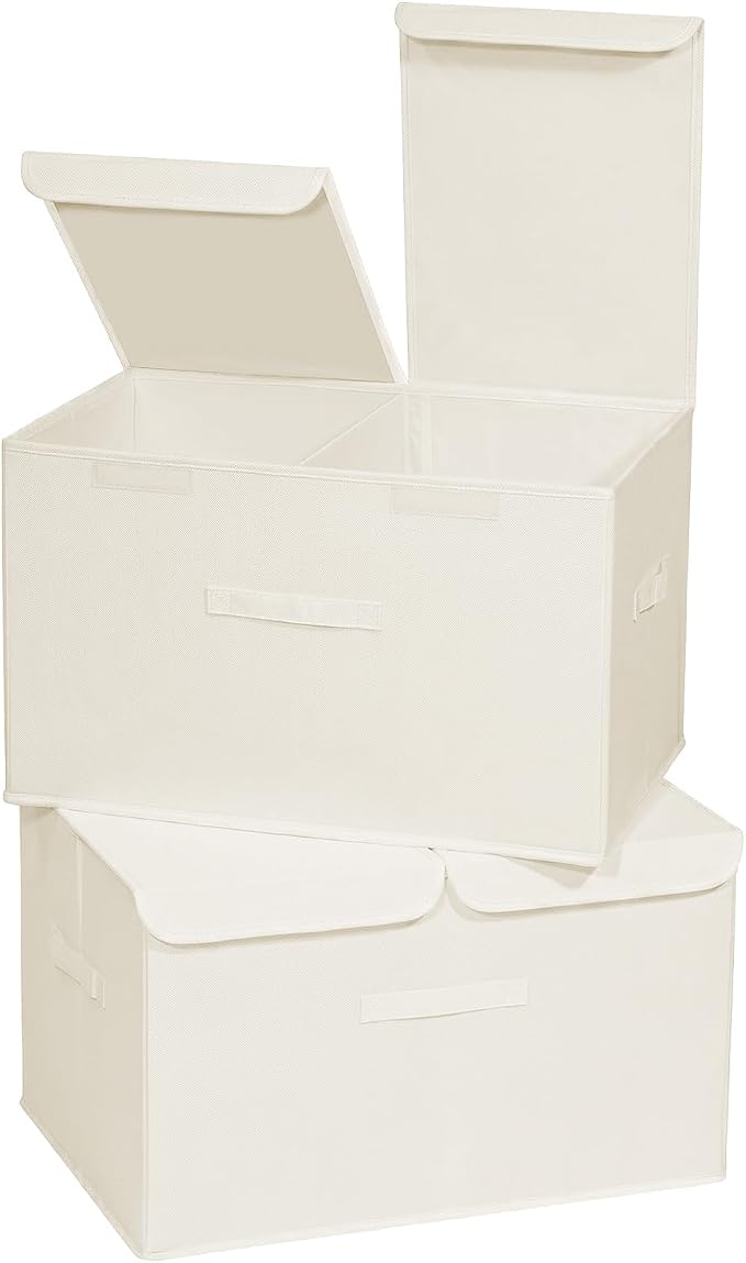 2 Pack Large Storage Boxes with Lids and Handles, Collapsible Linen Storage Bins Organizer Containers Baskets Cube with Removable Divider for Home Bedroom Closet Office (Cream, XL) by Unknown