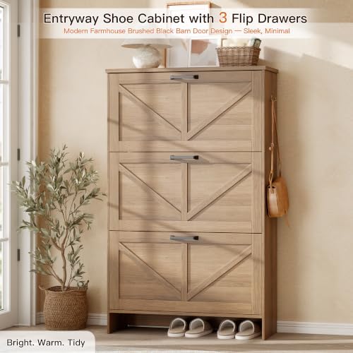 Nicetree Shoe Cabinet for Entryway, 3 Flip Drawers Shoe Storage Cabinet with 3-Tier Adjustable Shelves, Ultra Slim Freestanding Hidden Shoe Organizer with Barn Door Design, Caramel Brown - Image 3