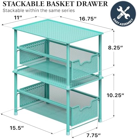 Simple Houseware Stackable Under Sink Sliding Basket Drawer, Turquoise - Image 2