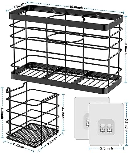 Hair Tool Organizer - Black Steel Wall Mounted Hair Dryer Holder with Removable Basket, 10.62"L x 4.33"W x 6.69"H, Ideal for Small Bathrooms - Image 5