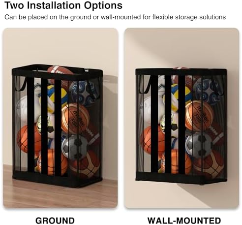 STO STO Ball Storage Basket, Wall-Mounted or Freestanding Garage Ball Organizer Holder, Holds up to 15 Balls, Sports Equipment Organizer with Elastic Front Access for Garage, Gym, Playroom, Black - Image 4