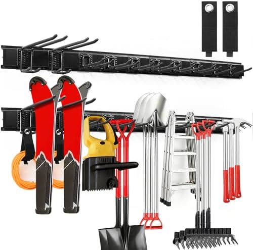 64 Inches Garage Tool Organizer Wall Mount, Tool Storage Rack Wall Mount, Heavy Duty Garden Wall Organizer System for Yard, garage and Shed, Tool Holder for Hanging Rake Snowboard Broom Mop by Unknown