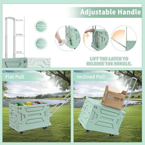 VECELO Foldable Shopping Cart with Wheels, Collapsible Rolling Crate for Groceries, Folding Storage Box with Handle, Three Modes of Use, Ideal for Teacher, Trip, Outdoors, Etc., 16GAL, Green - Image 4