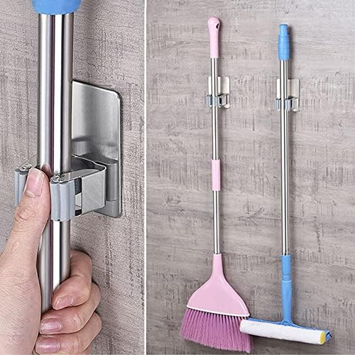HANZE 4 Pack Stainless Steel Mop Broom Holder Organizer, Self Adhesive Wall Mounted Mop Organizer Storage Rack Clip for Kitchen Bathroom and Garage (Rectangle, Large) - Image 3