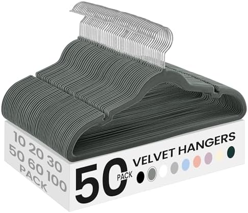 SONGMICS Velvet Hangers 50 Pack, Non-Slip Clothes Hangers with Shoulder Notches, Pants Bar, 360° Swivel Hook, Space-Saving, for Closet, Gray UCRF029G05 | Suit Hangers with Shoulder Notches, Pants Bar, 360° Swivel Hook, for Closet, Gray, BREANNA Collect... by Unknown