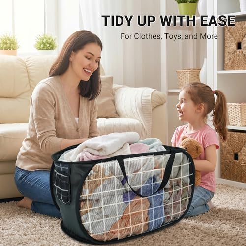 Collapsible Laundry Baskets with Side Pocket, Mesh Pop Up Clothes Hamper for Laundry, Foldable Laundry Basket Storage Hamper with Reinforced Handles for Clothes, Toys, Home, Dorm -Grid Print, Black - Image 2