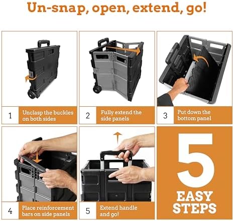 Inspired Living Ultra-Slim Rolling Collapsible Storage Pack-N-Roll Utility-carts, with Telescopic Handle, for Home, Garden, Shopping, Office, School use, Medium, Grey & Black - Image 6