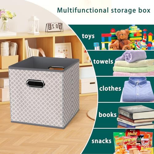 Black Foldable Storage Cubes Bins, Fabric Storage Box Cubes Organizer Baskets with Dual Handles for Home Organizer,Set of 3,(Grey Light) - Image 3