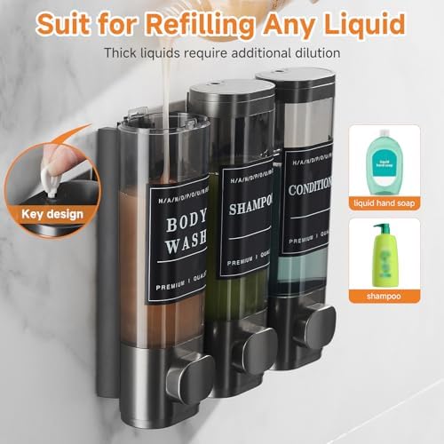 Shampoo and Conditioner Dispenser,Shower Dispenser 3 Chamber No Drill Wall-Mounted Shampoo Dispenser for Shower Wall Mounted Shower Soap Dispenser for Bathroom Hotel Large Capacity，Dark Gray - Image 2