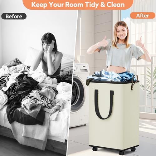 SpaceTrove Rolling Laundry Basket with Wheels, Laundry Hamper, 100L, Cream - Image 4