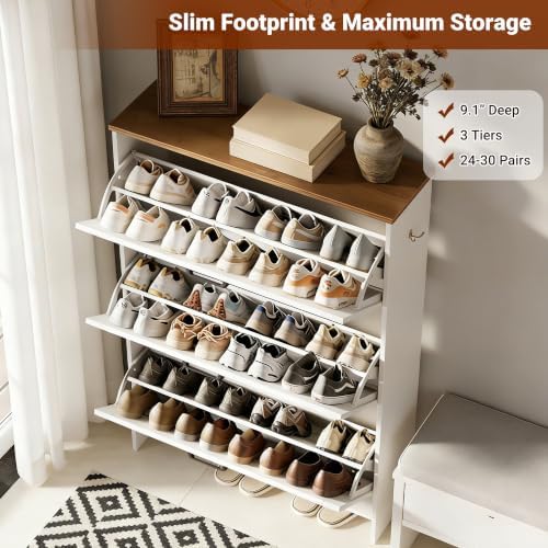 Shoe Cabinet for Entryway, 3 Flip Drawers Shoe Storage Cabinet with 3-Tier Adjustable Shelves, Ultra Slim 9.1" Depth Holds Up to 30 Pairs, Freestanding Hidden Shoe Organizer with Barn Door Design - Image 4