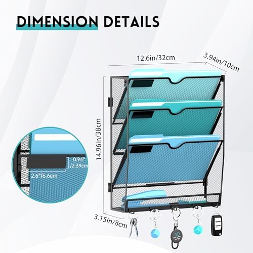 4-Tier Wall File Organizer and Mail Organizer with 5 Hooks, 2 Pack - Image 2