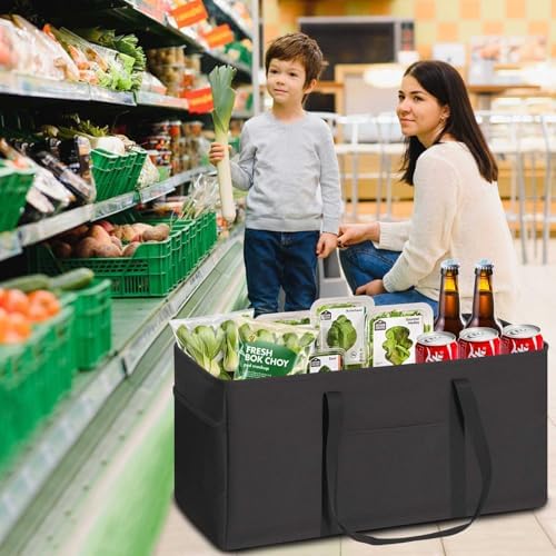 LHZK Standing Extra Large Utility Tote Bag with Metal Wire Frame and the Sides Rinforced, Extra Large Tote Bag with Handle, Reusable Grocery Bags Foldable, Beach Bag, Car Tote (Black) - Image 2