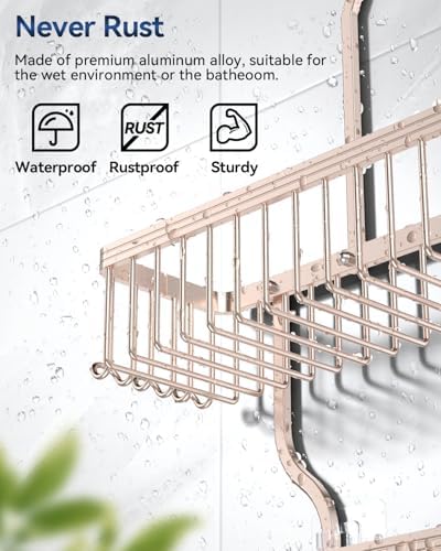 YASONIC Never Rust Shower Caddy Hanging, Aluminum Shower Racks for Inside Shower, 3-Tier Shower Organizer Hanging Over Shower Head with Hooks and Soap Holder, Rose Gold - Image 3