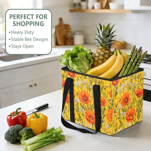 Trunk Organizer Collapsible Car Organizer with Handle Car Storage Box Bin for Groceries SUV Utility Tote Bag Portable Vehicle Container Yellow Poppy and Daisy Spring01 - Image 5