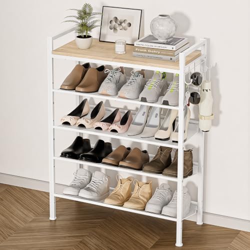 5 Tier Shoe Rack, Shoe Rack for Entryway with Hook, Shoe Organizer with Adjustable Mesh Shelves, Metal Shoe Storage, Closet, Bedroom Living Room Garage by Unknown