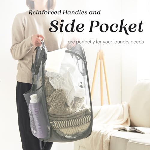 TECHMILLY Collapsible Mesh Pop Up Laundry Hamper with Sturdy Handles and Side Pocket - Portable Foldable Clothes Baskets for Dorm, Bathroom & Travel Storage (Grey) - Image 3
