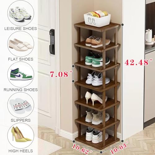 Vertical Shoe Rack - Tall Narrow Shoe Rack Organizer for Small Spaces,7 Tier Bamboo Shoen Shelf for Entryway,Closet,Corner,Doorway,Skinny Shoe Shelf Space Saving Shoe Storage,Free Stackable DIY… - Image 2