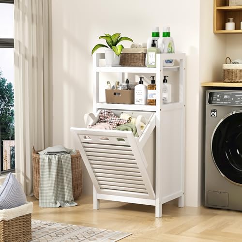 VASMIA Tilt Out Laundry Hamper,Bamboo Laundry Storage Cabinet with Shelf,10 Gal Hidden Laundry Basket Organizer for Bathroom,Laundry Room,White - Image 2