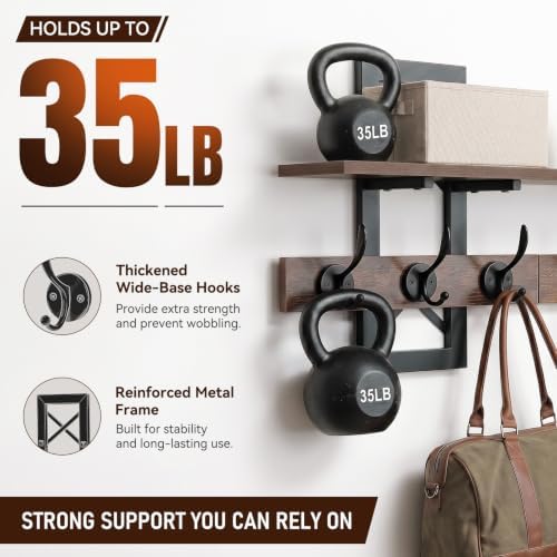 33.86" Wall Mounted Coat Rack with Shelf, Heavy Duty Entryway Wall Organizer with 6 Dual Hooks and Key Holder, Rustic Wood Coat Hanger for Coats, Bags, Hats, Hallway, Mudroom, Bathroom (Rustic Brown) - Image 4