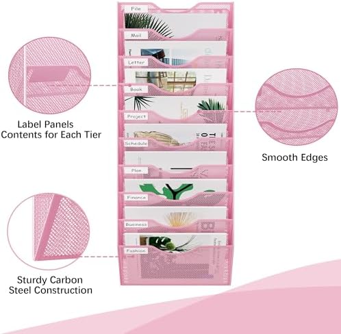 EasyPAG 10 Pocket Mesh Wall File Organizer, Hanging Paper Folder Holder with Classify Label, Vertical Wall Mount Mail Organizer for Office Home Classroom, Pink - Image 3