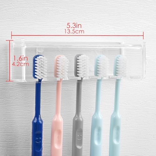 5 Slots Wall Mount Toothbrush Holder with Cover, Self Adhesive Toothbrush Storage Organizer for Shower, Toothbrush Hanger for Bathroom, Medicine Cabinet, Dorm (Clear) - Image 2